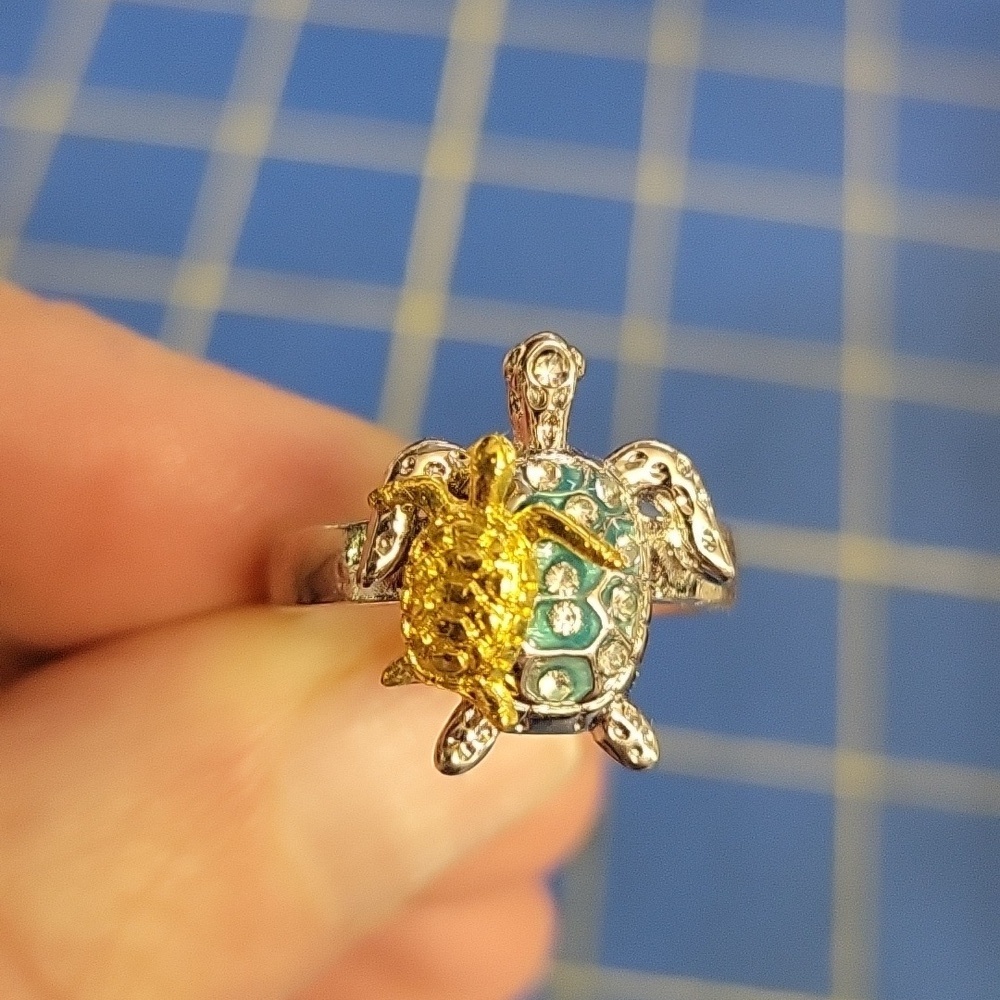 Sea Turtle Gold & Teal Silver Tone Rhinestone Ring